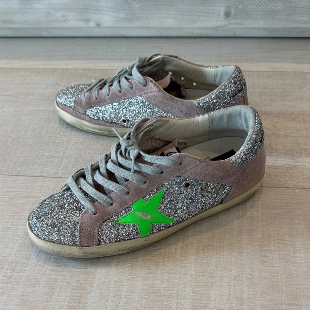 Golden Goose Glitter Sneakers with Green Star Accent - Picture 5 of 5